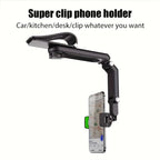 FlexiGrip™ - Rotating Phone Mount in black clipped on a surface holding a smartphone with adjustable arm and 1080° rotation.