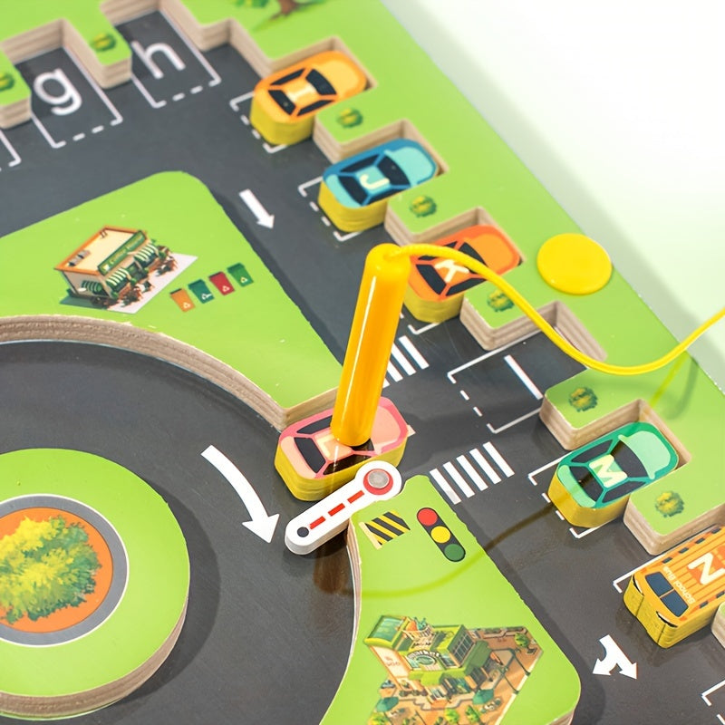 HighPeak MazeDrive™ Magnetic Parking Puzzle with yellow stylus guiding wooden cars on lettered track for learning and play