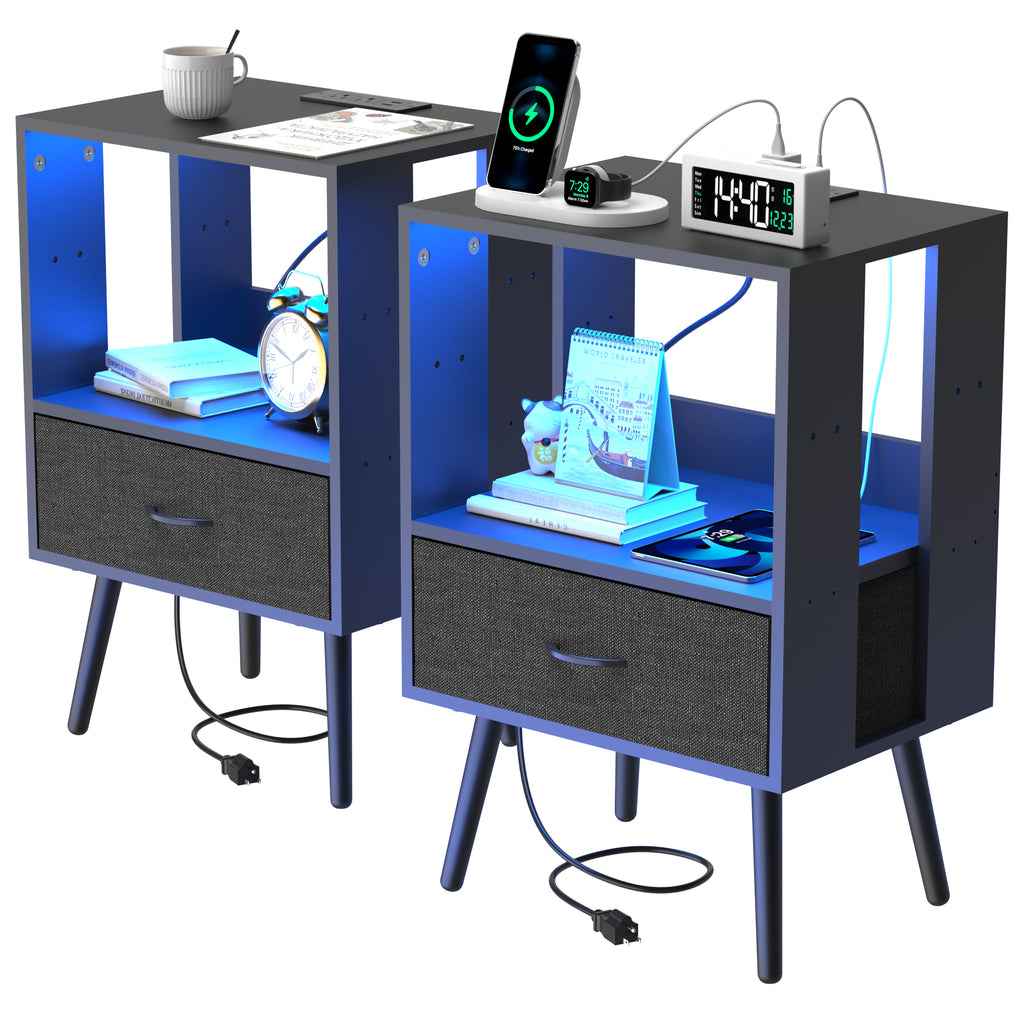 HighPeak Custom LED Nightstands set of 2 in dark blue with adjustable blue LED lights and USB charging ports