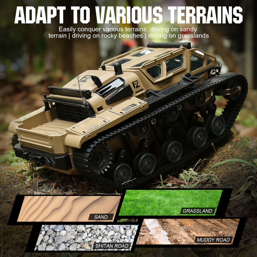 WarBeast RC Tank in tan with tracked treads driving on grass showcasing terrain adaptability and rugged military design by HighPeak