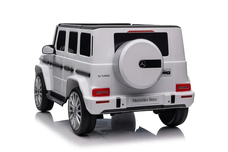Driveable Mercedes-Benz Car in white by HighPeak, rear view showing spare tire and luxury ride-on design.