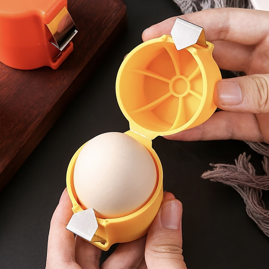 HighPeak CrackMate™ eggshell separator in yellow held over dark surface with whole egg inside for clean shell removal