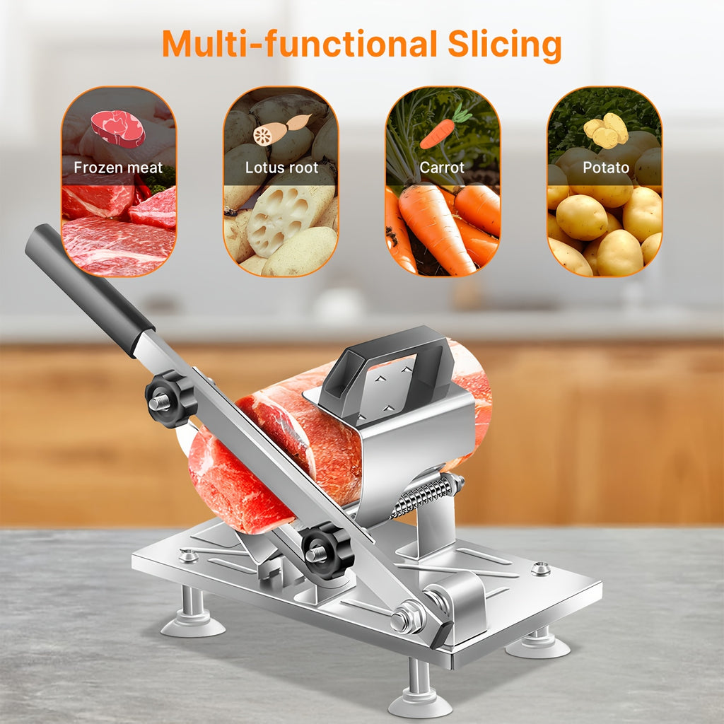 HighPeak Manual Meat Slicer in stainless steel slicing frozen meat on a kitchen countertop with adjustable lever action.