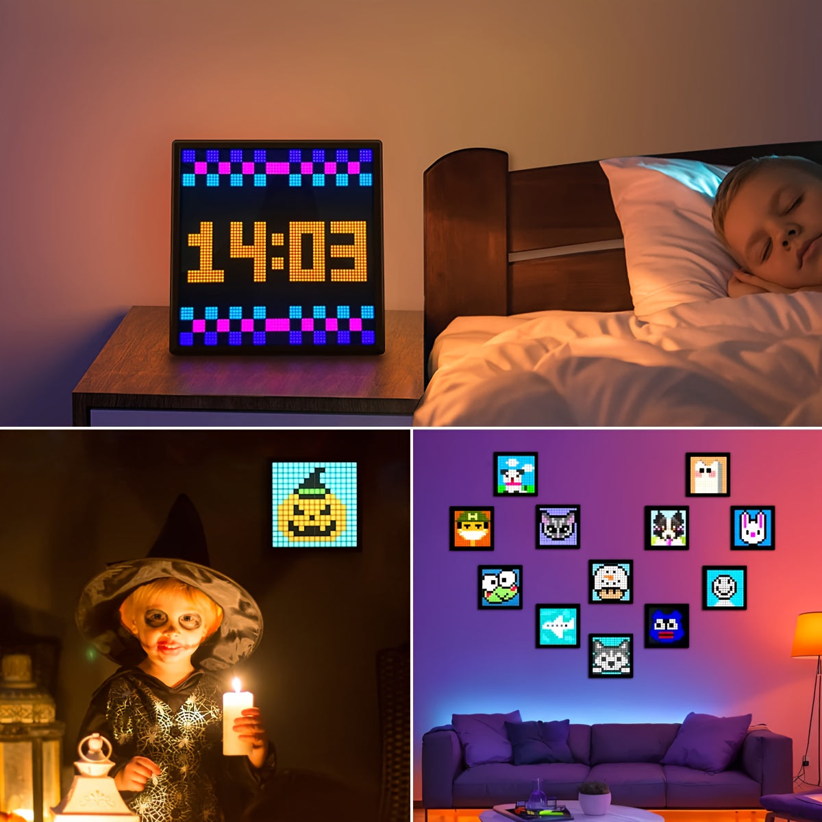 PixelPlay™ - Smart LED Frame showing a digital clock on nightstand, pixel art in a kid’s room, and colorful animated designs on a living room wall.