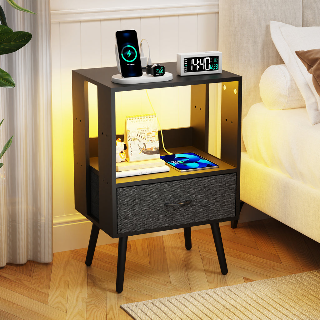 HighPeak Custom LED Nightstands set of 2 in black with blue LED glow, drawer, USB charger, and mid-century legs by bedside.