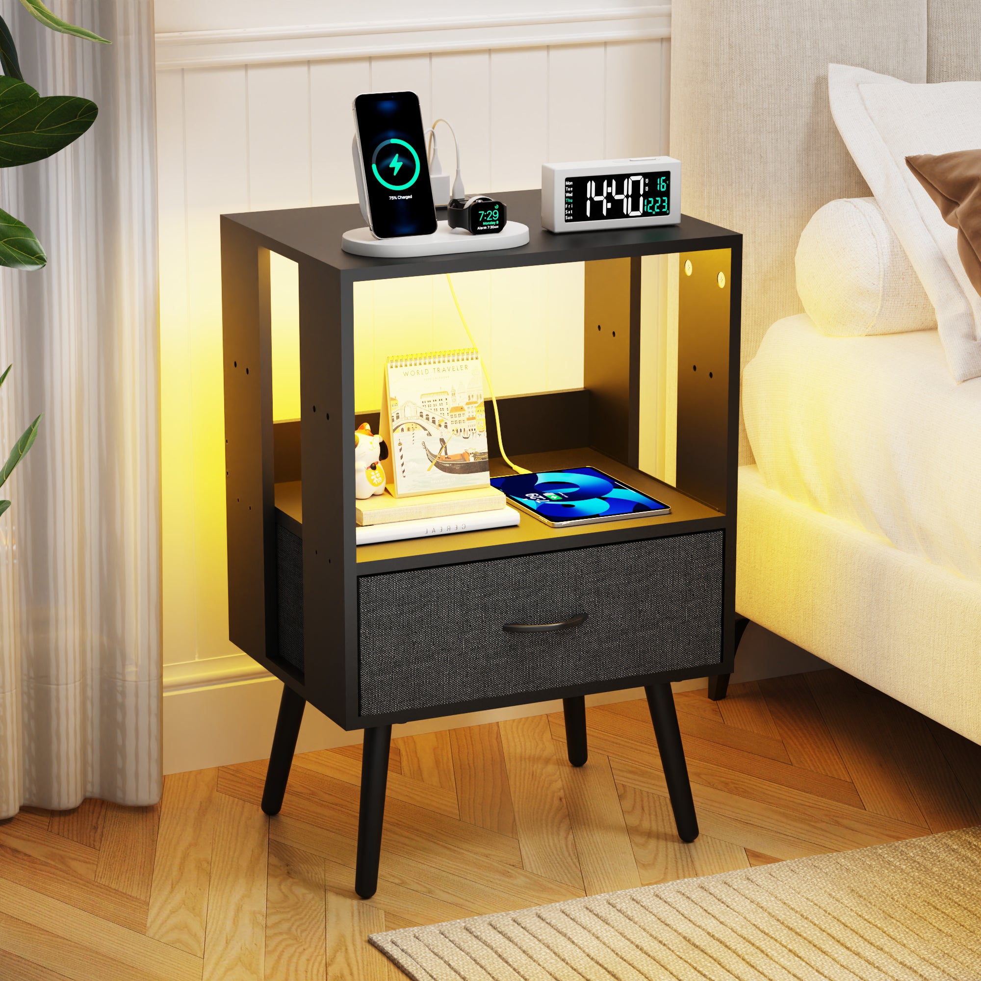 HighPeak Custom LED Nightstands set of 2 in black with blue LED glow, drawer, USB charger, and mid-century legs by bedside.