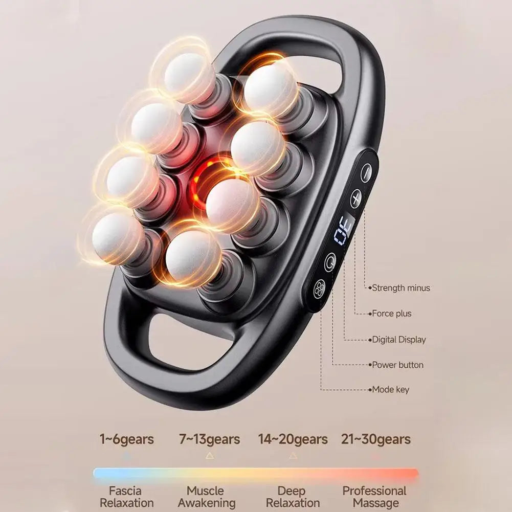 HighPeak DeepRelief™ Multi-Head Body Massager in black with digital display and 12 rotating heads for deep tissue muscle relief.