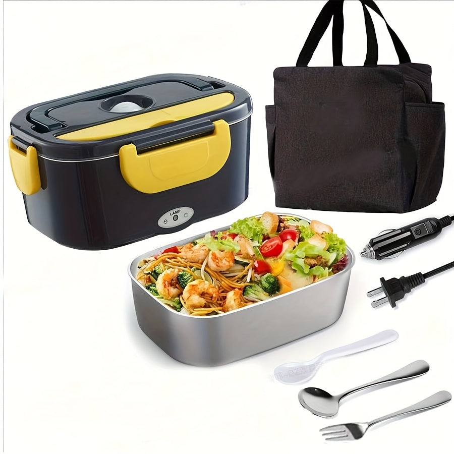 HeatMate™ electric lunch box in black and yellow with stainless steel tray, insulated bag, and dual power cords by HighPeak
