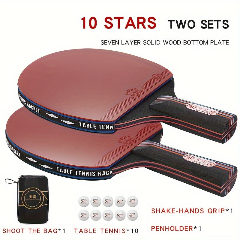 SmashPro™ Ping Pong Racket Set with dual grip styles, 7-layer wood blades, competition rubber, 10 balls, and carry bag by HighPeak