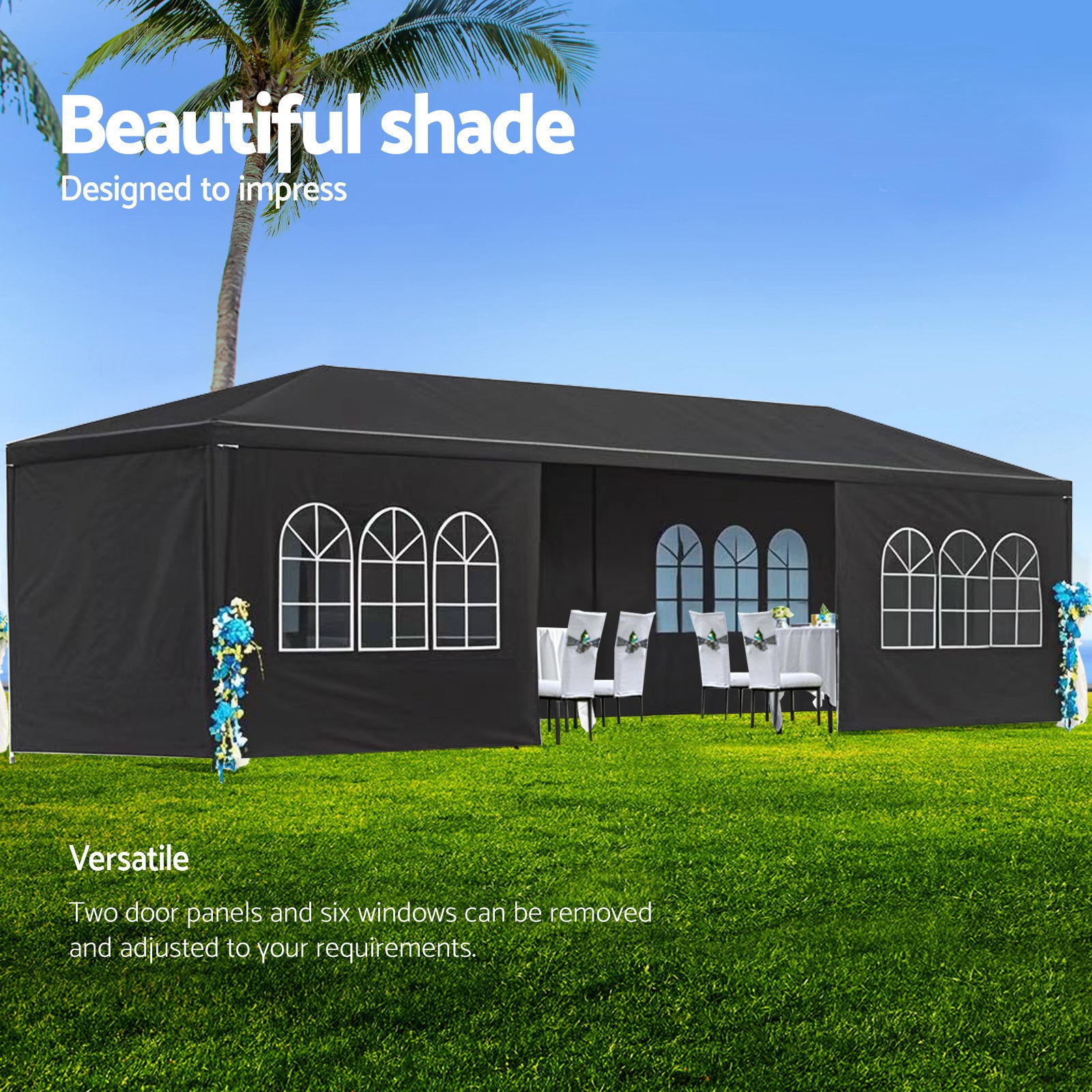 HighPeak Outdoor Party Tent in black with 8 removable sidewalls and arched windows set up on grass for outdoor events