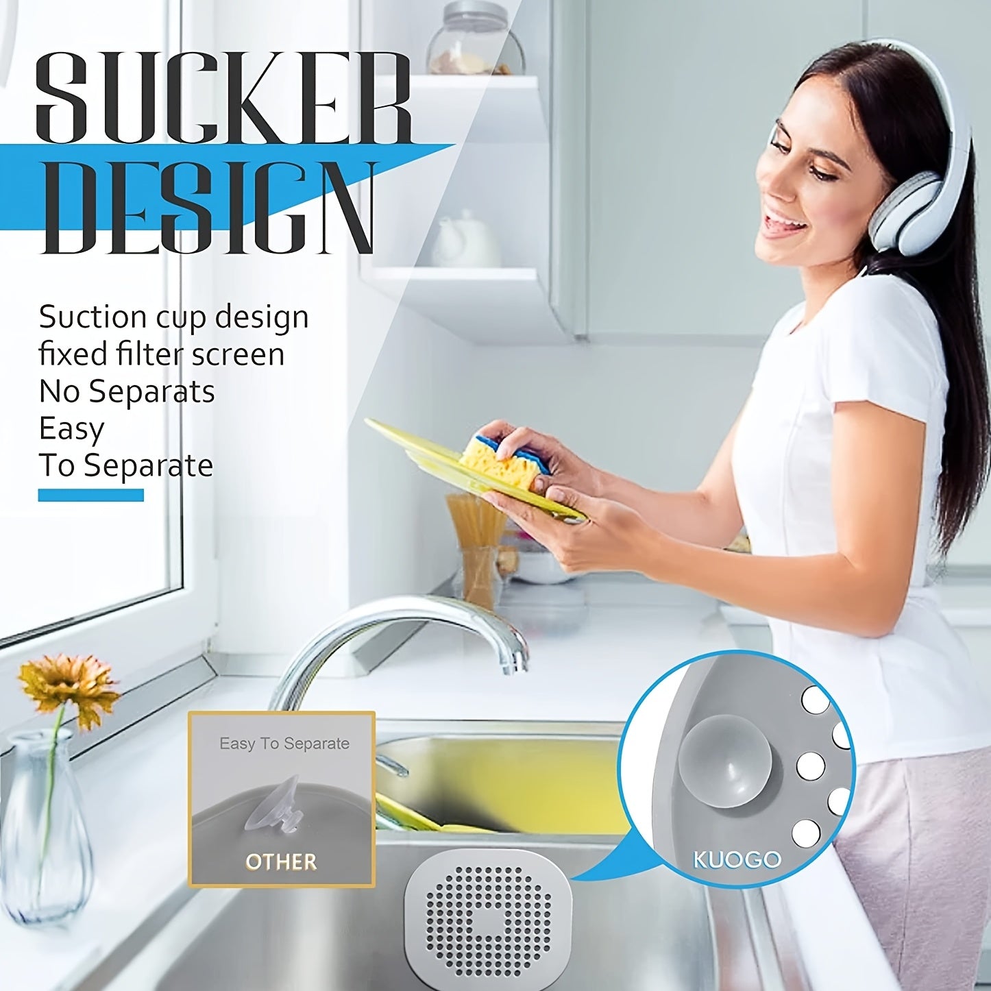 DrainGuard™ silicone drain protector with suction cup design shown in a clean kitchen sink setting by HighPeak.
