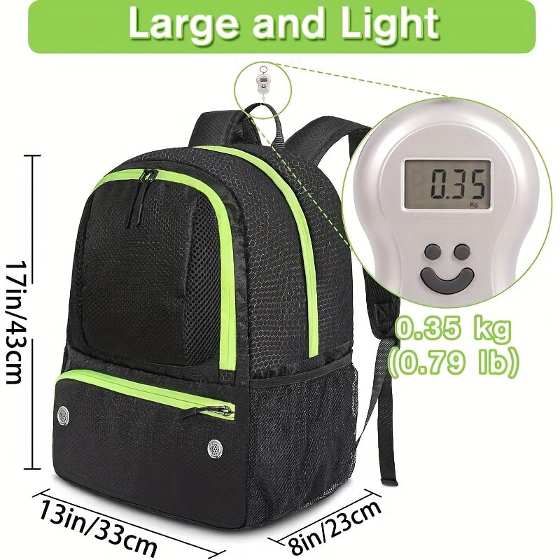 GearGoal™ All Sport Backpack in black with green accents, lightweight 0.35kg, spacious compartments for sports gear and shoes.