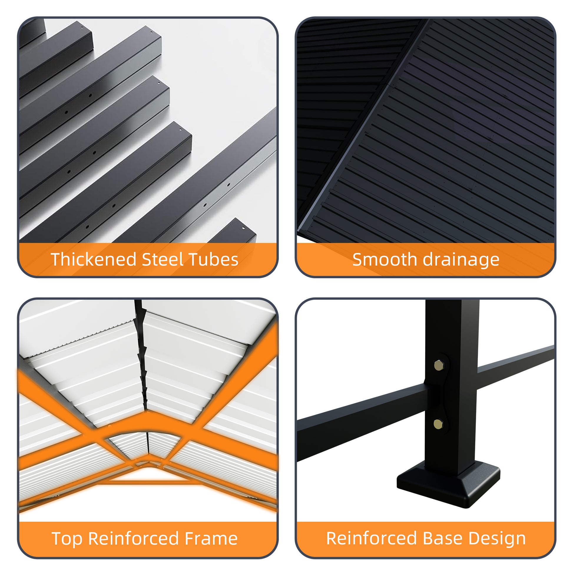 HighPeak Metal Carport steel tubes, smooth drainage roof, reinforced frame, and base design for durable all-season protection