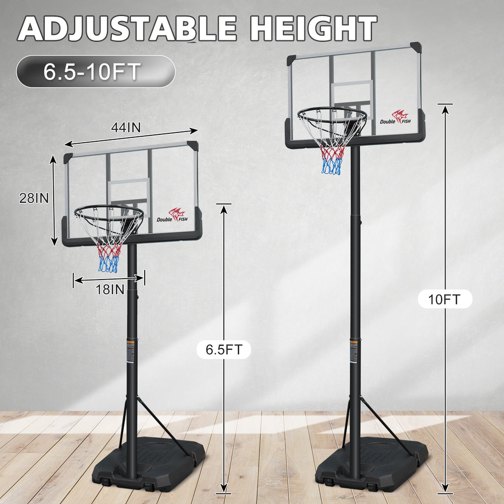 HighPeak Adjustable Basketball Hoop with 44-inch shatterproof backboard, black frame, adjustable 6.5 to 10 ft height on wooden floor