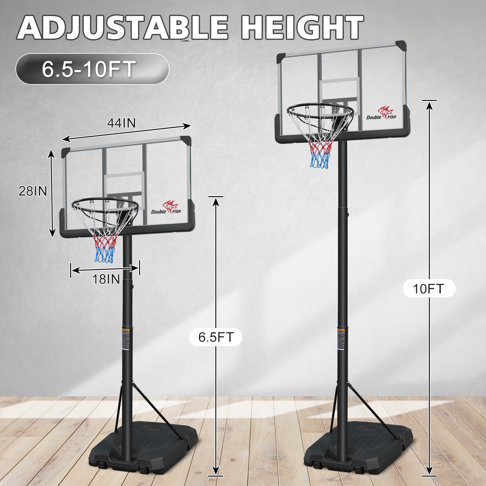 HighPeak Adjustable Basketball Hoop with 44-inch shatterproof backboard, black frame, adjustable 6.5 to 10 ft height on wooden floor