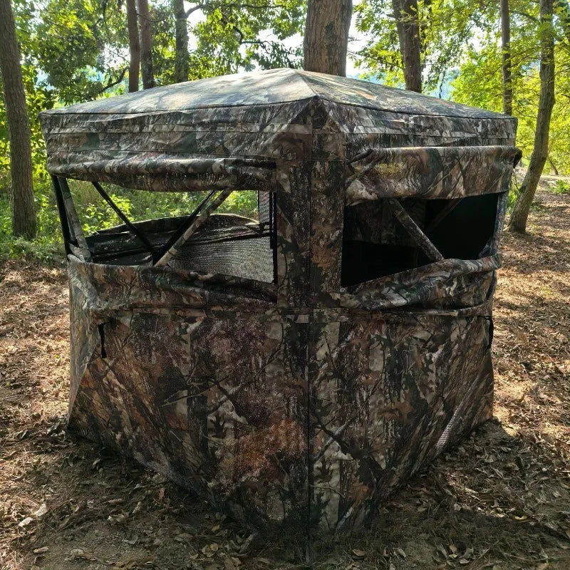 360° One-Way Camo Tent front exterior with broad viewing flaps and a side window opened