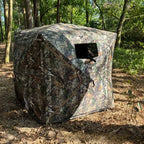 360° One-Way Camo Tent front-side exterior with a compact observation window opened