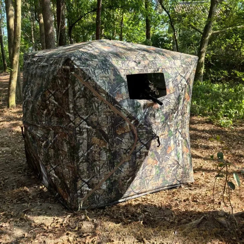 360° One-Way Camo Tent front-side exterior with a compact observation window opened