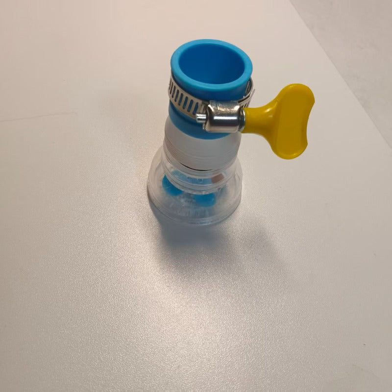 360° Rotating Faucet Extenders blue connector with clear outlet and yellow hand-tightening clamp.