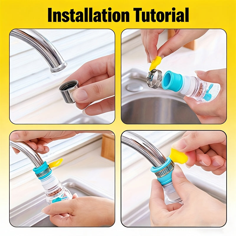 360° Rotating Faucet Extenders four-panel guide showing spout preparation and hand tightening of the clamp.