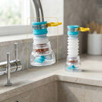 360° Rotating Faucet Extenders compact and extended configurations shown above a kitchen basin.