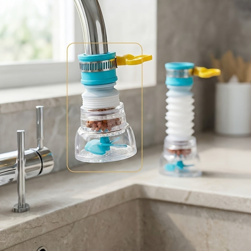 360° Rotating Faucet Extenders compact and extended configurations shown above a kitchen basin.
