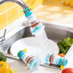360° Rotating Faucet Extenders angled kitchen tap attachment rinsing toward plates in a stainless steel sink.