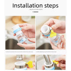 360° Rotating Faucet Extenders step-by-step photos showing the connector and clamp being fitted to a tap.