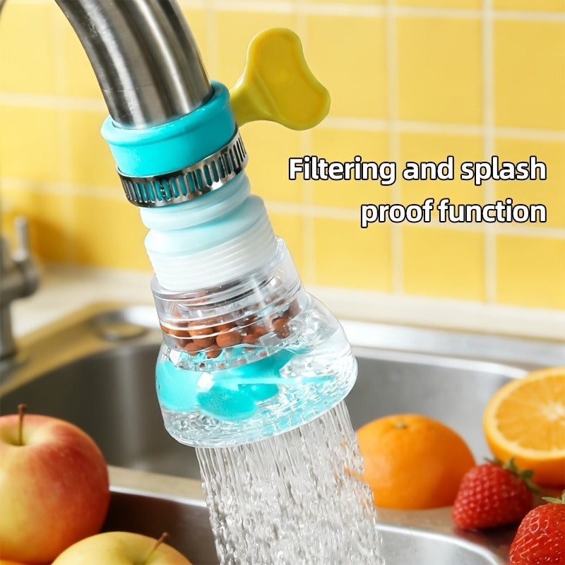 360° Rotating Faucet Extenders close-up of the clear housing and blue outlet with water flowing.