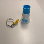360° Rotating Faucet Extenders blue attachment beside its detached metal clamp with yellow tightening handle.