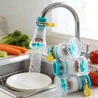 360° Rotating Faucet Extenders stacked beside a kitchen sink with one attachment fitted to the tap.
