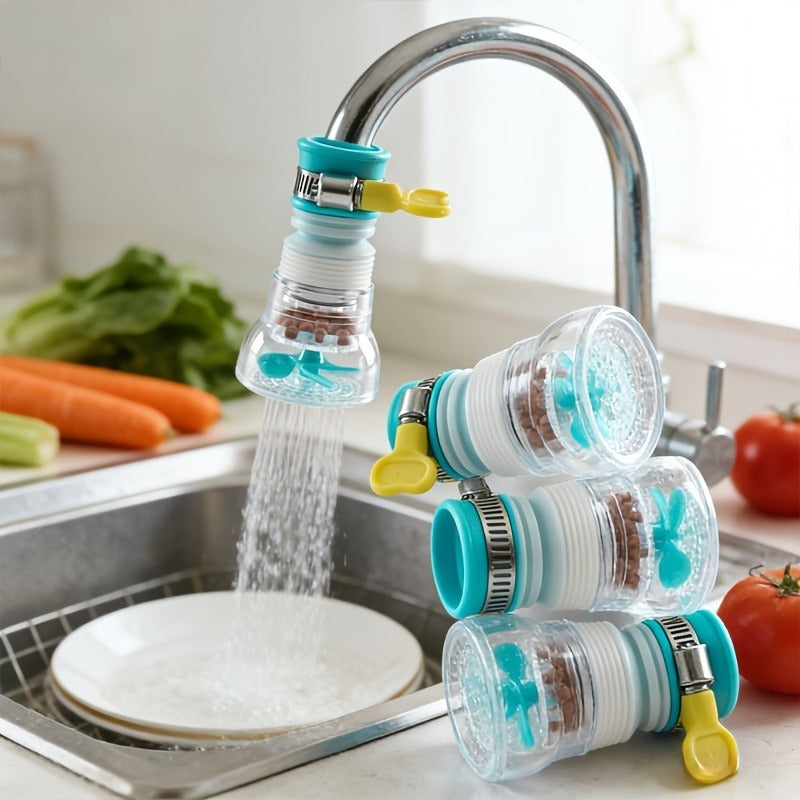 360° Rotating Faucet Extenders stacked beside a kitchen sink with one attachment fitted to the tap.