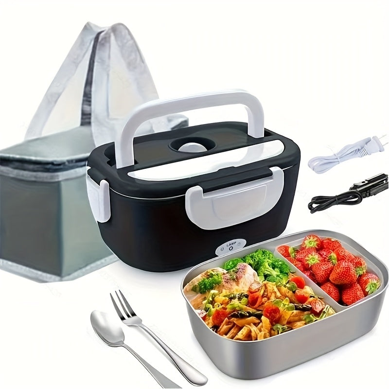HeatMate™ electric lunch box in black with white handle, stainless steel tray filled with food, insulated bag, and utensils.