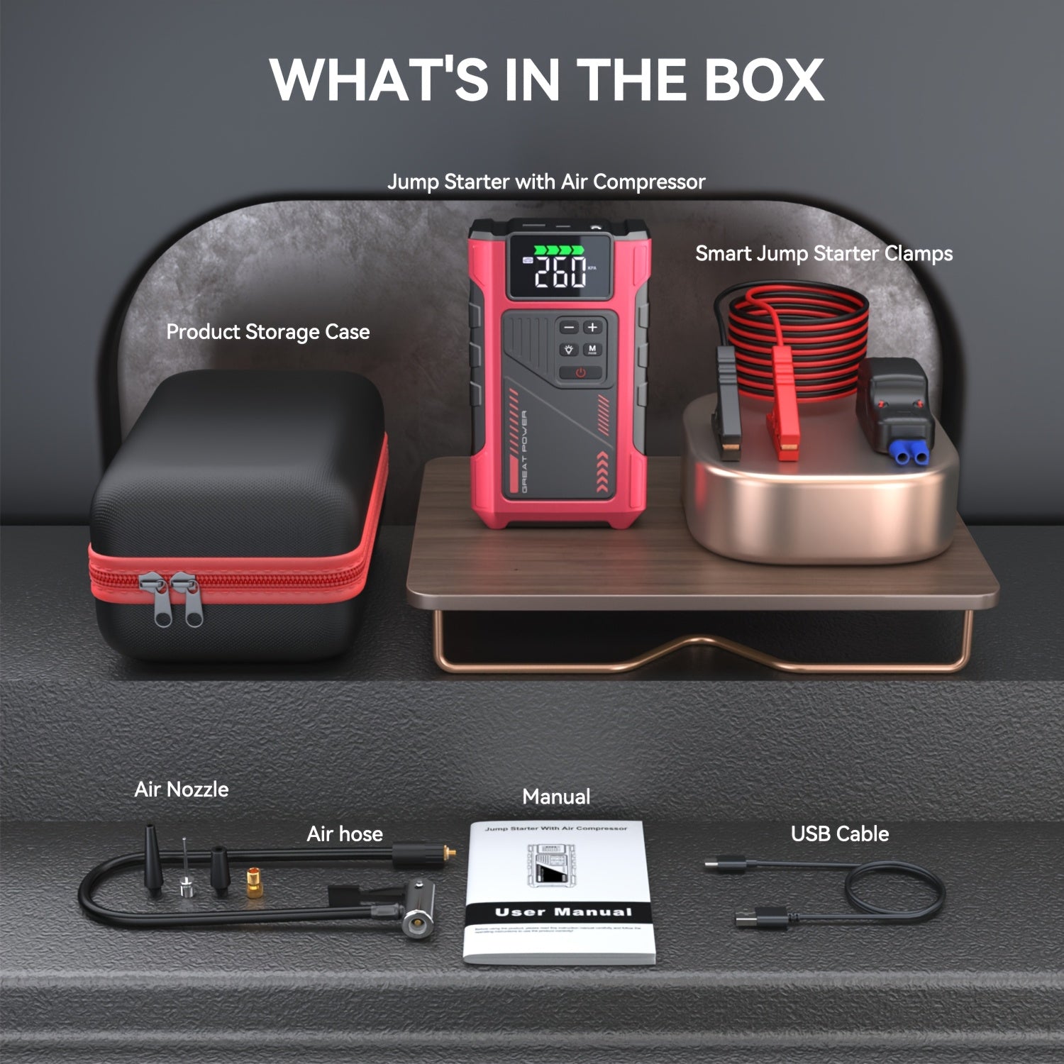 RoadRevive™ jump starter kit with air compressor, smart clamps, USB cable, manual, air hose, nozzle, and black storage case.