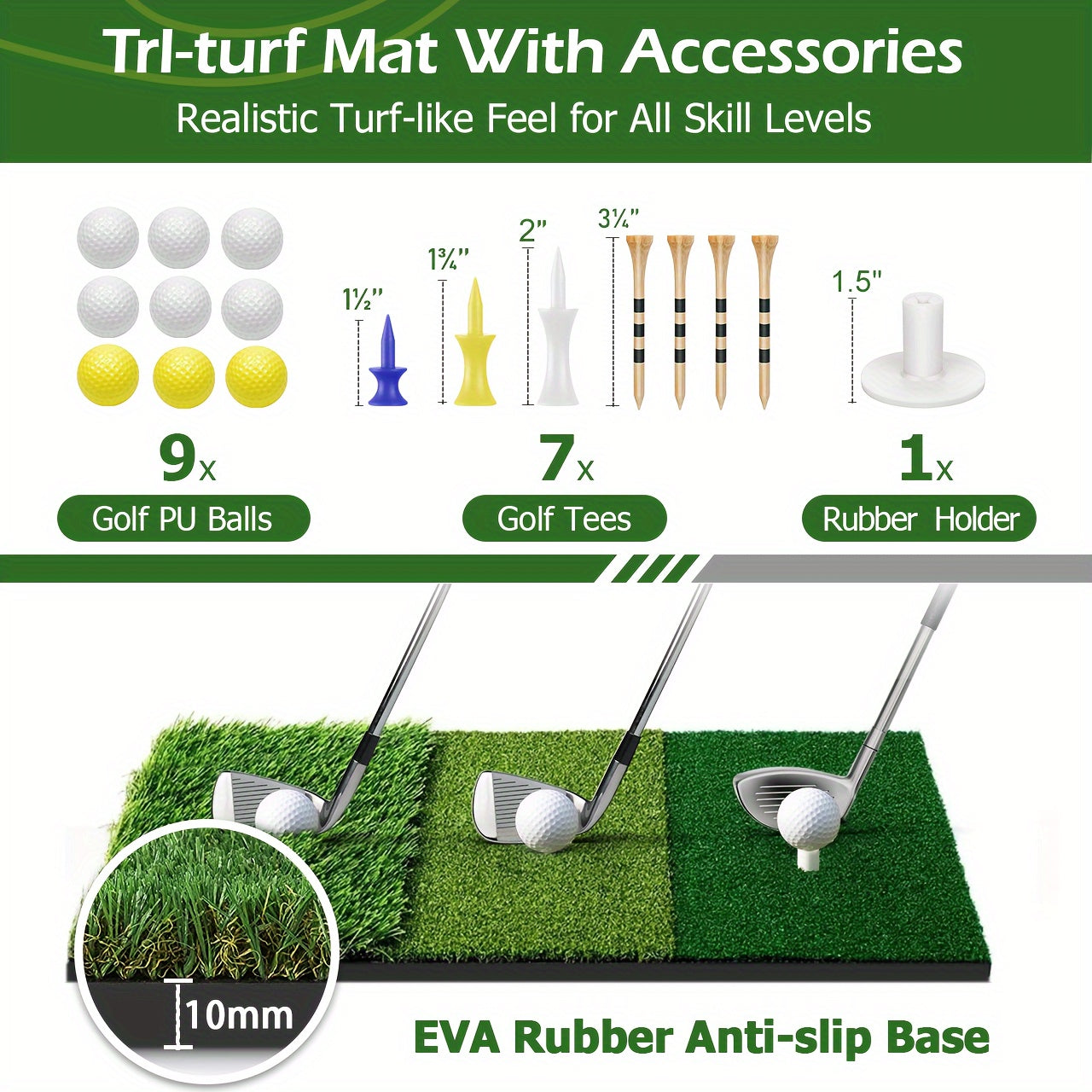 ProSwing Golf Net accessories including golf balls, tees, rubber holder, and realistic turf mat with anti-slip EVA rubber base