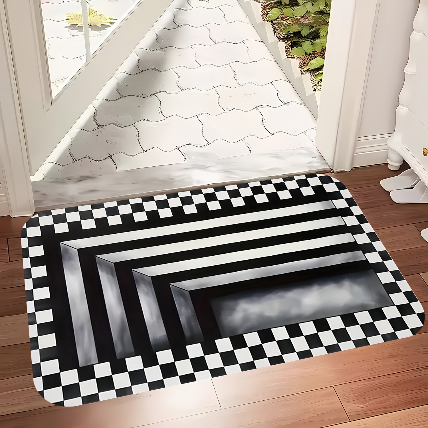 3D Optical Illusion Doormat featuring black and white checkered border with descending steps creating realistic depth effect on wooden floor