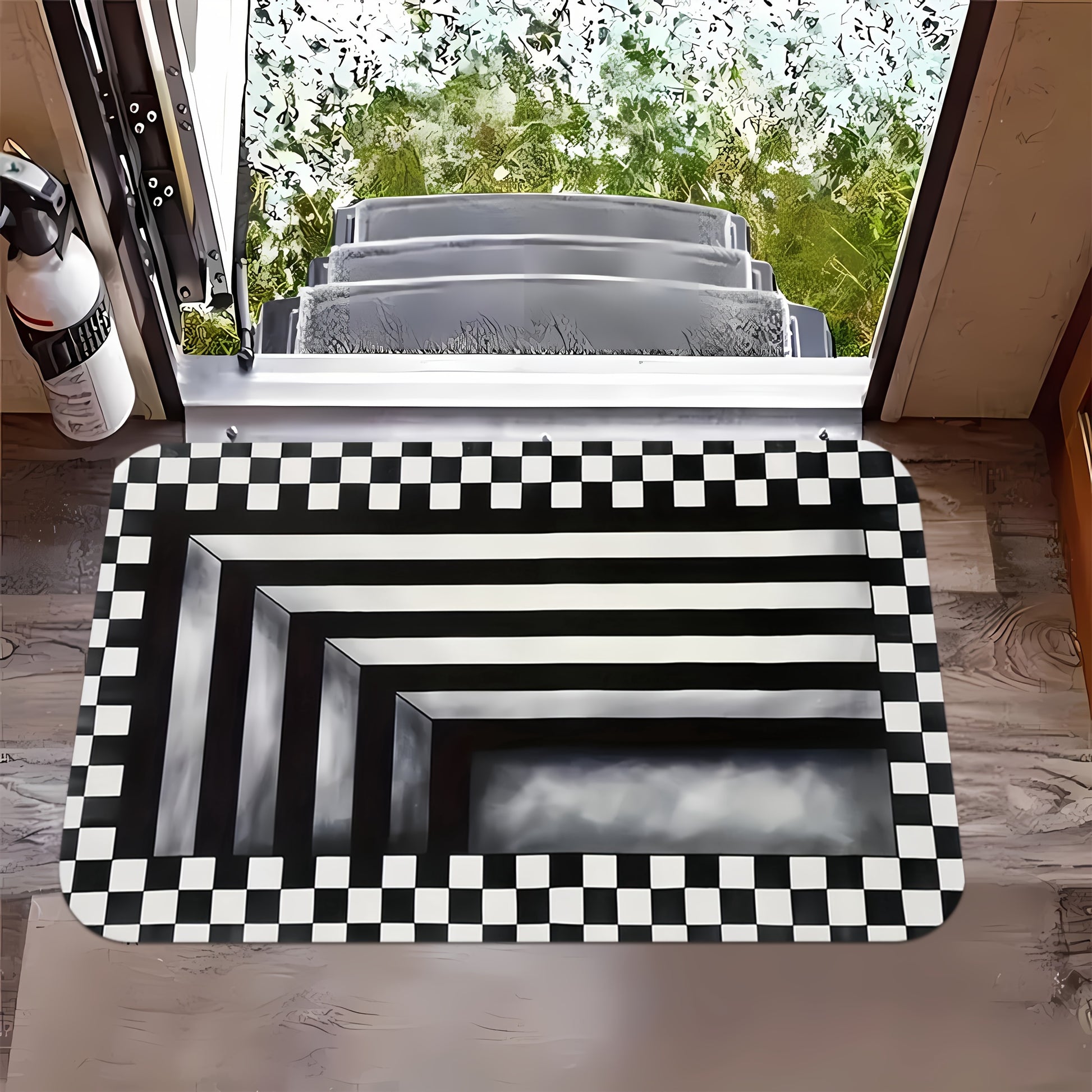 3D Optical Illusion Doormat featuring black and white checkered pattern creating realistic depth effect on wooden floor