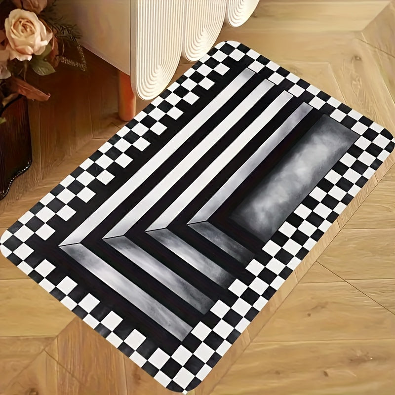 3D Optical Illusion Doormat with black and white checkered pattern creating a staircase depth effect on wooden floor