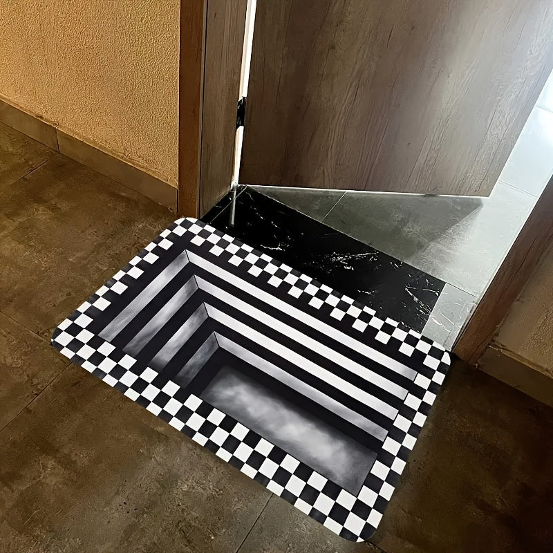 3D Optical Illusion Doormat with black and white checkered pattern creating depth effect placed at wooden floor entrance