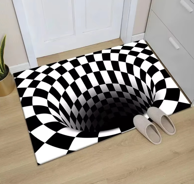 3D optical illusion checkered rug creating vortex effect in black and white, displayed on wooden floor