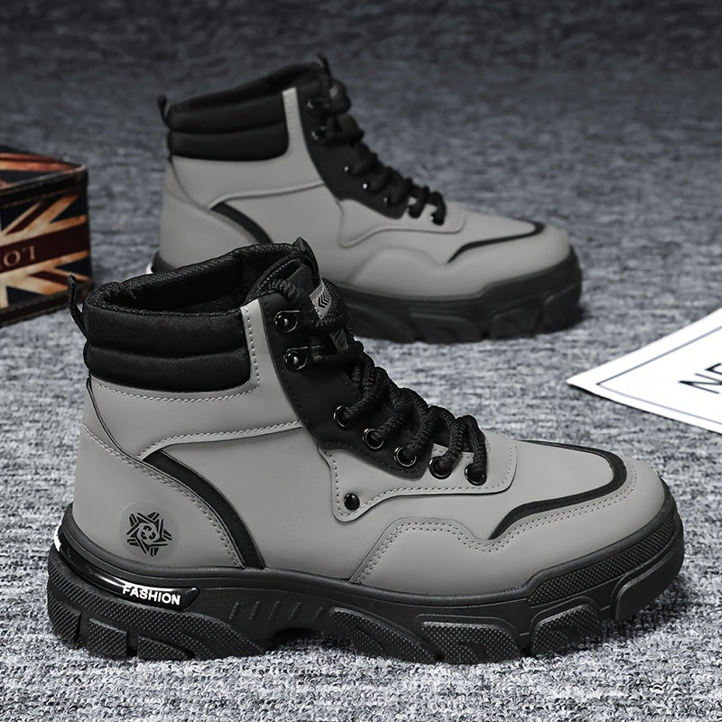 TrailForge™ Boots in gray and black with lace-up fit and rugged sole on gray carpet by HighPeak fashion box