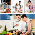 FlipGrip™ 2 in 1 spatula tongs in red and black used by couples cooking eggs and vegetables in modern kitchens by HighPeak