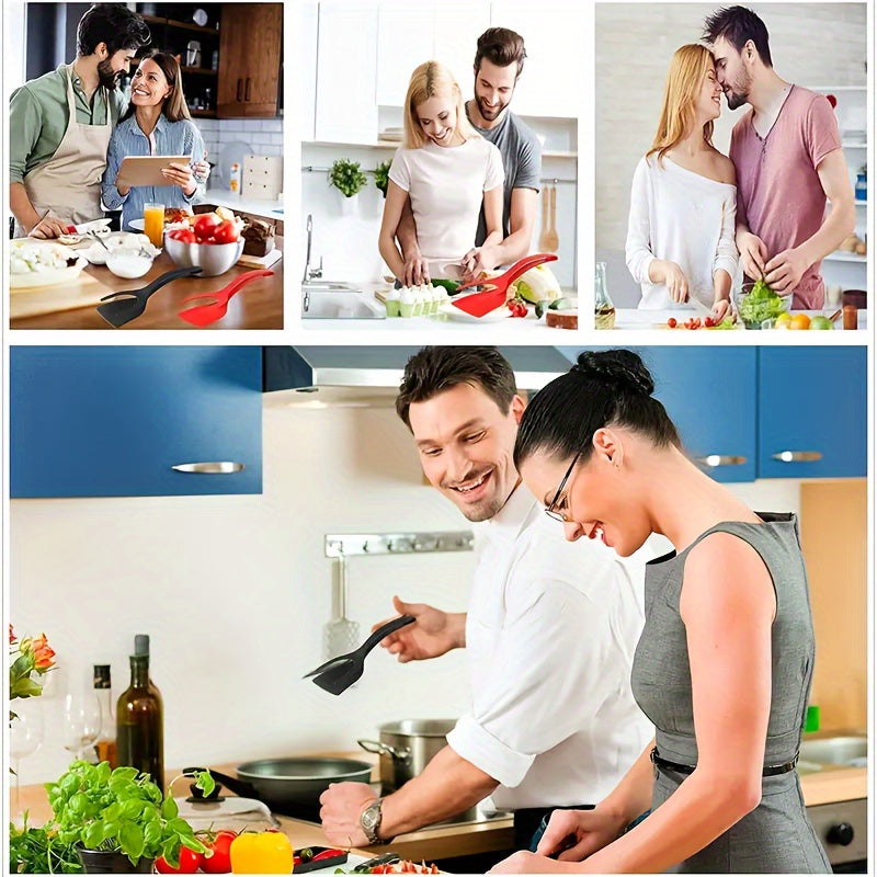 FlipGrip™ 2 in 1 spatula tongs in red and black used by couples cooking eggs and vegetables in modern kitchens by HighPeak