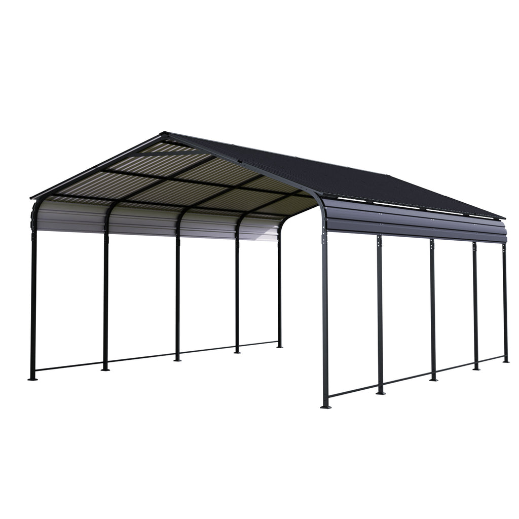 HighPeak Metal Carport 12x20 ft with black rust-resistant galvanized steel roof and sturdy support posts for durable vehicle shelter