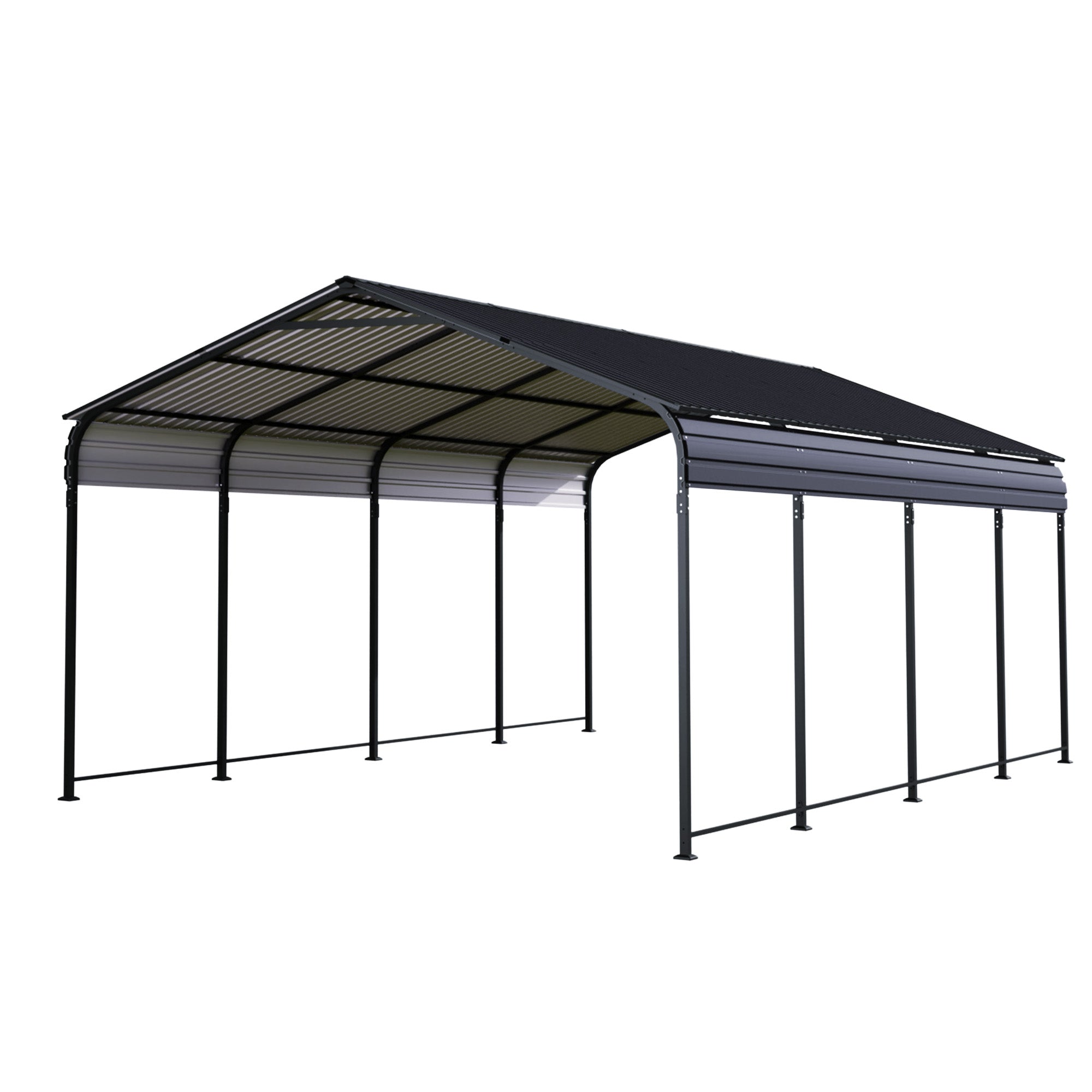HighPeak Metal Carport 12x20 ft with black rust-resistant galvanized steel roof and sturdy support posts for durable vehicle shelter