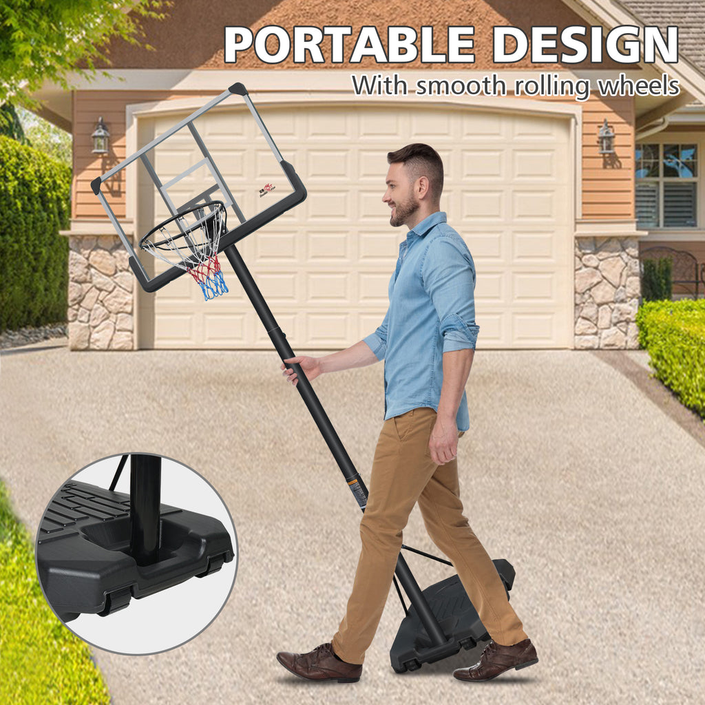 HighPeak Adjustable Basketball Hoop in black with portable wheeled base shown outside a home driveway