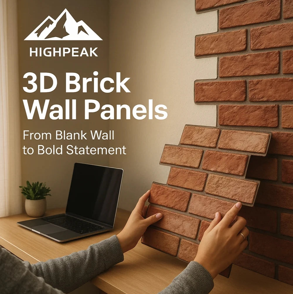 HighPeak 3D Brick Wall Panels in reddish-brown peel-and-stick design applied over beige wall in home office setting