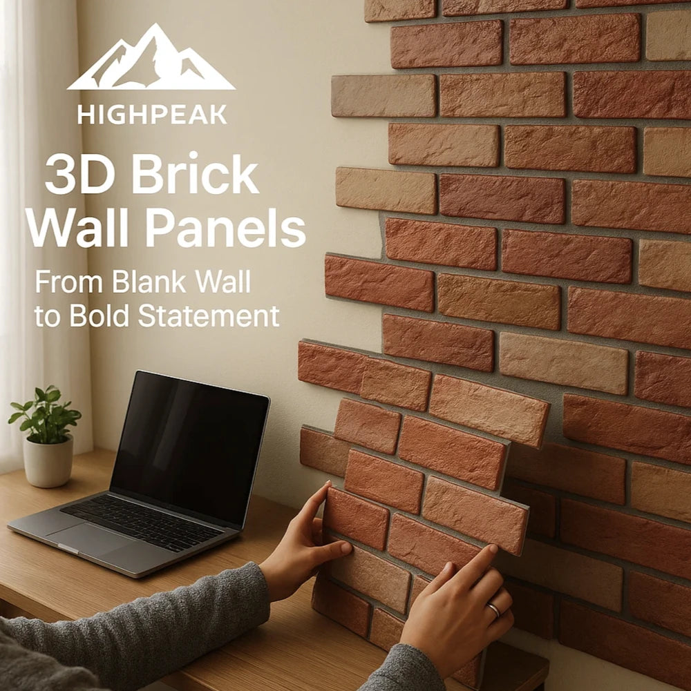 HighPeak 3D Brick Wall Panels in reddish-brown tones being installed on an indoor beige wall next to a laptop