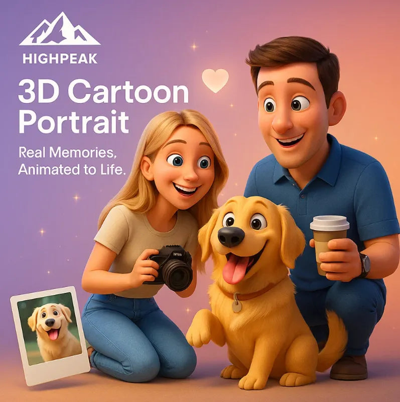 HighPeak 3D Cartoon Portrait showing a happy couple with a dog in vibrant Pixar-style 3D cartoon render
