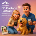 HighPeak 3D Cartoon Portrait showing a happy couple with a dog in vibrant Pixar-style 3D cartoon render